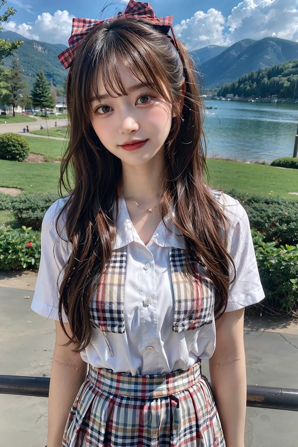 masterpiece, high quality best quality,1girl, bangs, beach, blue_sky, blush, bow, breasts, checkered, checkered_shirt, checkered_skirt, cloud, cloudy_sky, collarbone, day, envelope, giving, grass, hair_bow, heart, holding, holding_letter, horizon, incoming_gift, kazami_yuuka, leaning_forward, lens_flare, letter, light_rays, long_hair, looking_at_viewer, love_letter, mountain, mountainous_horizon, ocean, outdoors, plaid, plaid_background, plaid_bikini, plaid_bow, plaid_bowtie, plaid_bra, plaid_dress, plaid_headwear, plaid_jacket, plaid_legwear, plaid_necktie, plaid_neckwear, plaid_panties, plaid_pants, plaid_ribbon, plaid_scarf, plaid_shirt, plaid_skirt, plaid_vest, pov, shirt, skirt, sky, smile, solo, sun, sunbeam, sunlight, tree, unmoving_pattern
