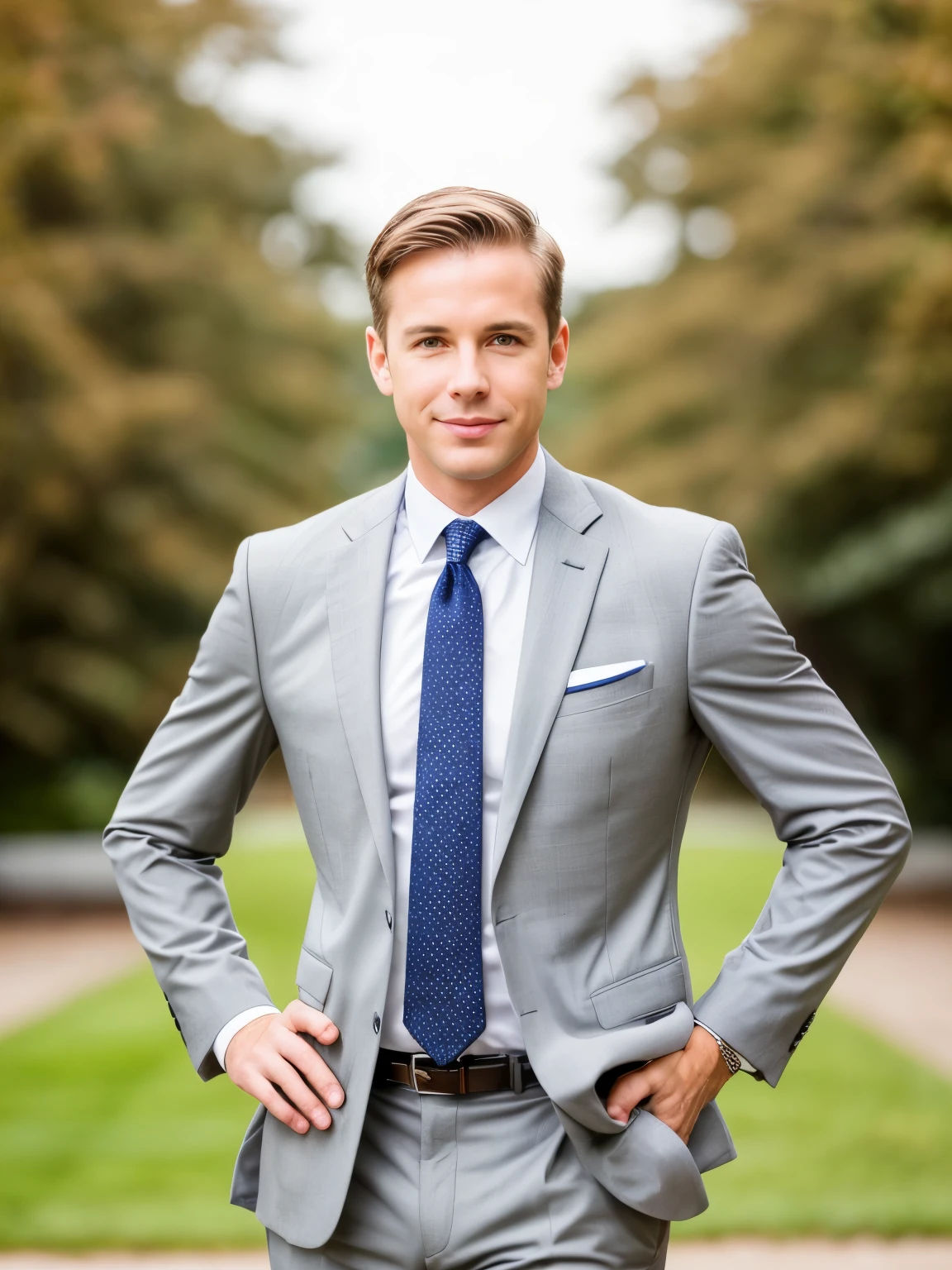 Portrait of mid adult business man standing in modern office. American, short hair, Successful mature entrepreneur in formal clothing looking at camera with satisfaction. Confident man in suit, half body view. Background bokeh, photography, nature day light, bright light