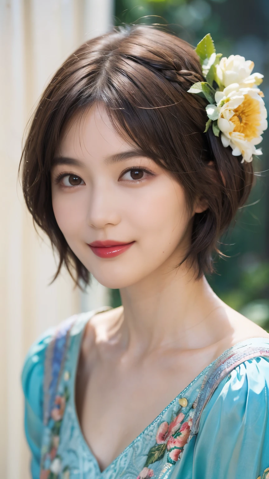 148
(20 year old woman,Floral costume), (surreal), (High resolution), ((beautiful hairstyle 46)), ((short hair:1.46)), (gentle smile), (breasted:1.1), (lipstick)
