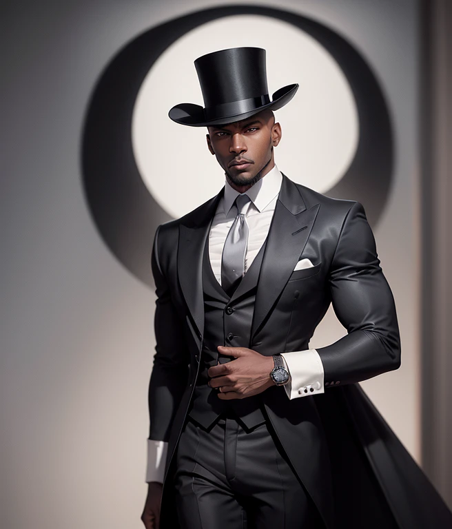 Create a drawing of a dark-skinned, bald man with both arms behind him, sem camisa. He will be wearing an elegant top hat, uma capa preta por fora e vermelha por dentro, Black pants and black shoes. The man will have a confident and determined expression on his face. Pay attention to hair details, highlighting baldness and skin texture. Use light, soft strokes to represent dark skin, criando sombreamentos sutis e realistas. The top hat will be detailed with precise lines, highlighting the shape and texture of the hat. The black cover will have a fluid and enveloping appearance, com detalhes das dobras e da textura do tecido. A parte interna da capa, na cor vermelha, will be vibrant and rich in tone. Black pants will be represented with defined and light lines that highlight your shape. The black shoes will also have sharp details, evidenciando os contornos e a textura do couro. The background will be simple, com tons neutros para enfatizar o personagem. The goal is to create an image that conveys elegance, mystery and trust, highlighting the uniqueness of the character and his striking appearance.