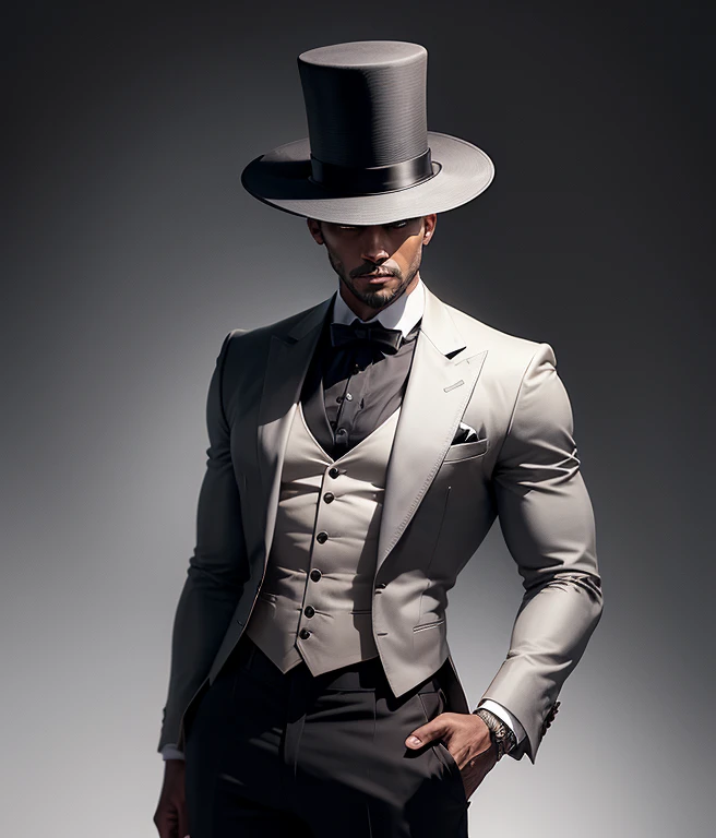 Create a drawing of a dark-skinned, bald man with both arms behind him, sem camisa. He will be wearing an elegant top hat, uma capa preta por fora e vermelha por dentro, Black pants and black shoes. The man will have a confident and determined expression on his face. Pay attention to hair details, highlighting baldness and skin texture. Use light, soft strokes to represent dark skin, criando sombreamentos sutis e realistas. The top hat will be detailed with precise lines, highlighting the shape and texture of the hat. The black cover will have a fluid and enveloping appearance, com detalhes das dobras e da textura do tecido. A parte interna da capa, na cor vermelha, will be vibrant and rich in tone. Black pants will be represented with defined and light lines that highlight your shape. The black shoes will also have sharp details, evidenciando os contornos e a textura do couro. The background will be simple, com tons neutros para enfatizar o personagem. The goal is to create an image that conveys elegance, mystery and trust, highlighting the uniqueness of the character and his striking appearance.