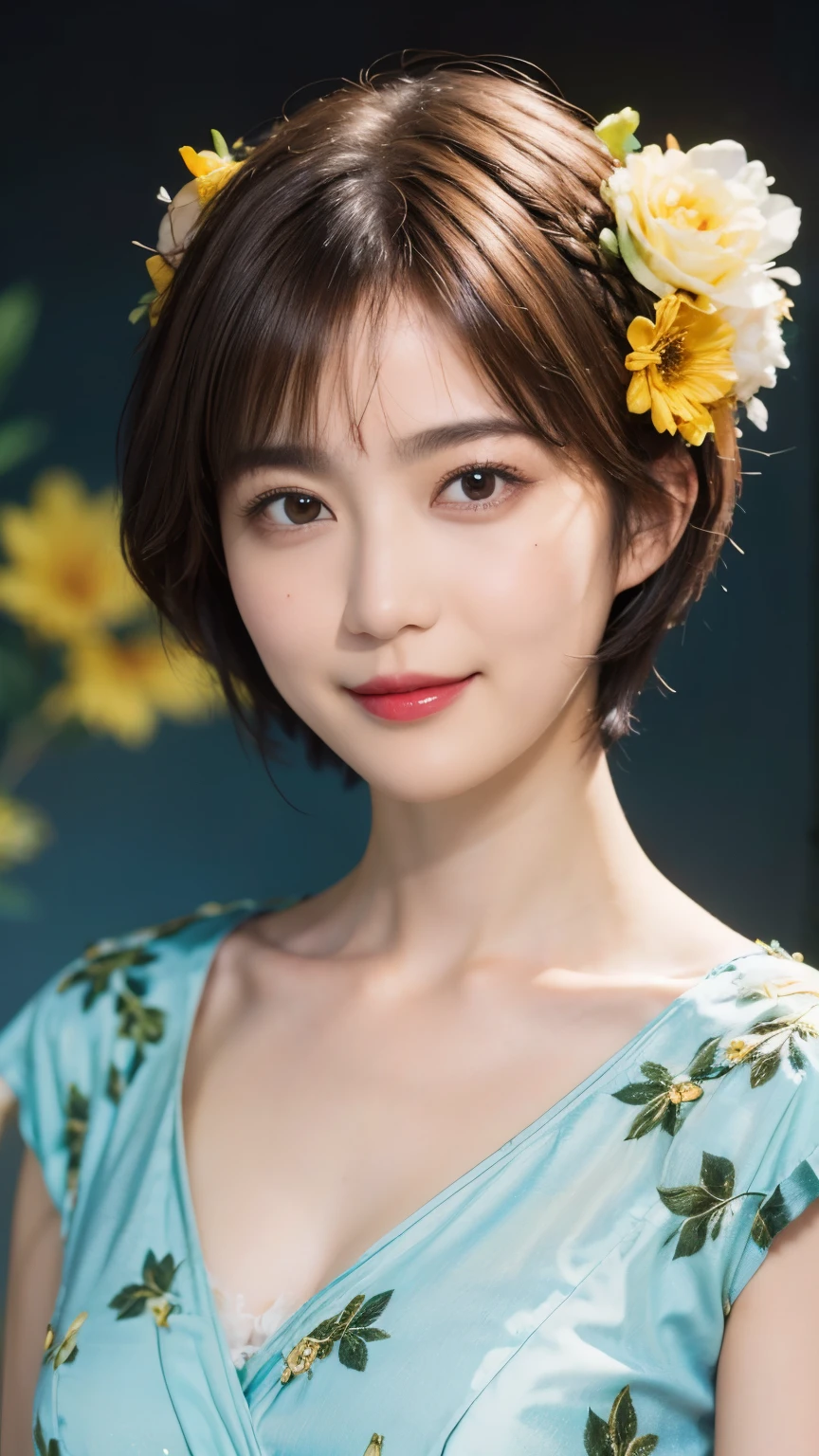 148
(20 year old woman,Floral costume), (surreal), (High resolution), ((beautiful hairstyle 46)), ((short hair:1.46)), (gentle smile), (breasted:1.1), (lipstick)
