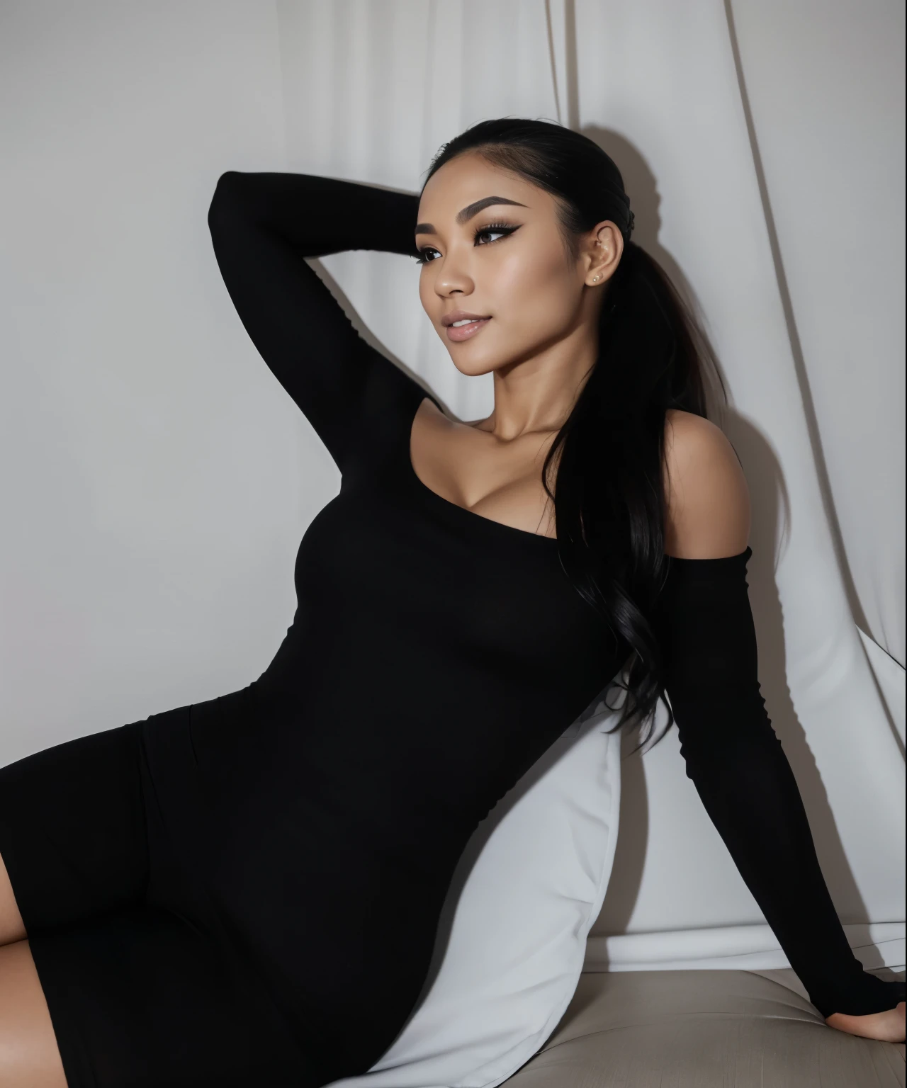 Young Thai woman, fit physique, fitness physique, wearing sexy black lingerie sitting on the couch with legs open, corps sexy, (8K), (best quality), (chef-d&#39;artwork:1.3), (Realistic), (photorealistic:1.34), Ultra-detailed, [Beautiful detailed eyes], (sourire), (sourire), (beautiful nose detailed), [very long blonde hair], (haut court), lingerie noire, (superbes seins taille normale), (Gros plan), Profondeur de champ, full body view, sitting on sofa, legs spread, montrant l&#39;entrejambe, pieds en l'air