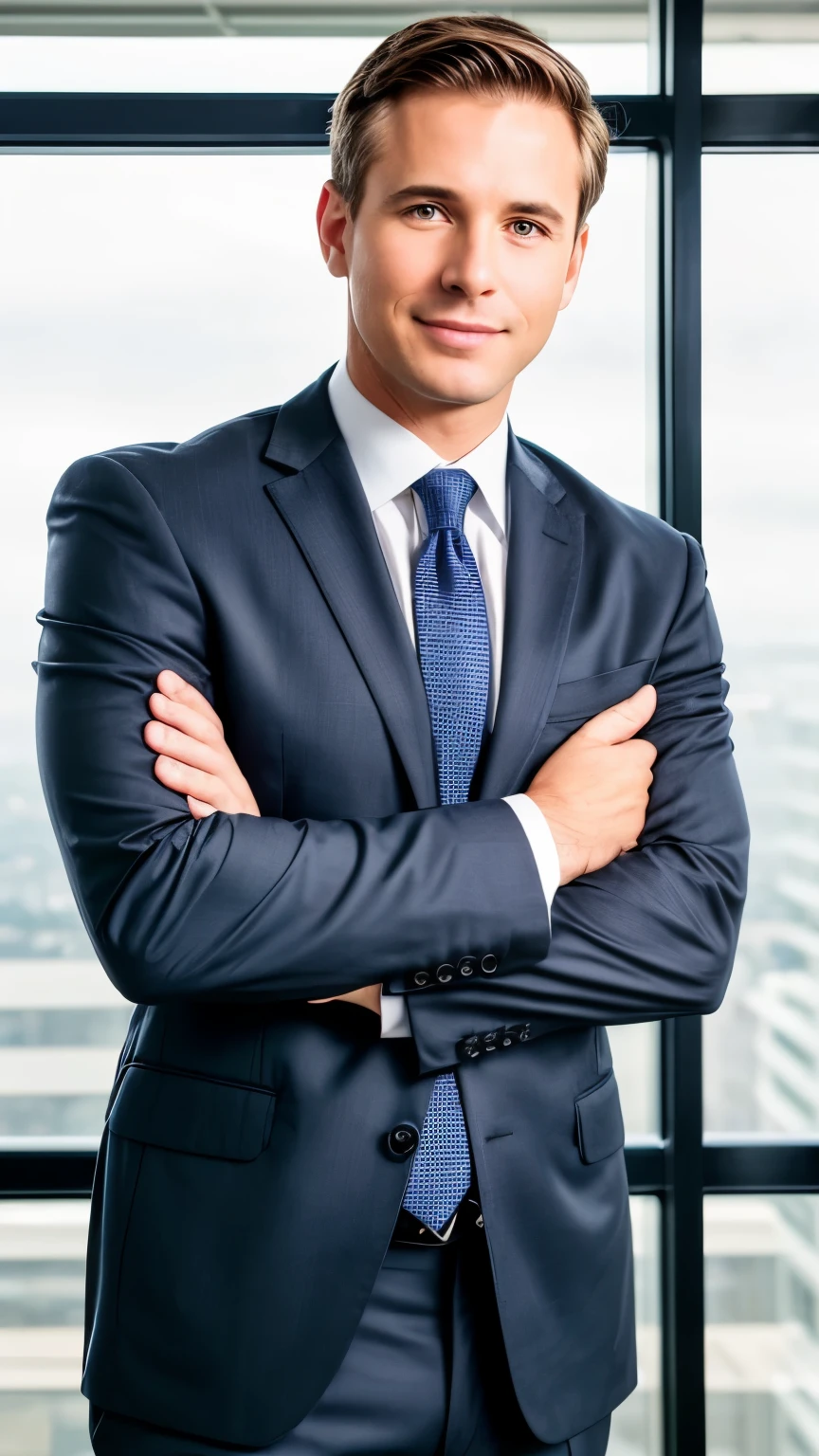Portrait of mid adult business man standing in modern office. American, short hair, Successful mature entrepreneur in formal clothing looking at camera with satisfaction. Confident man in suit, half body view. Background bokeh, photography, nature day light, bright light