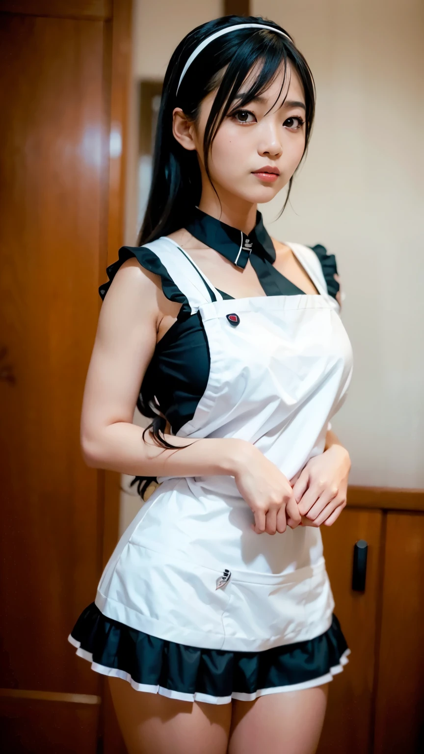 Arafe Asian woman wearing a maid outfit posing for a photo, Japanese maid cafe, wearing a maid outfit, miniskirt, cosplay! Maid! Dress, maid, maid outfit, Narumi Kakinouchi, Sakimi-chan, (Realism: 1.4), (Masterpiece: 1.3), (Clear photo), Raw photo, (Top quality, Masterpiece: 1.2), Realistic skin texture, (Detailed background: 1.2),