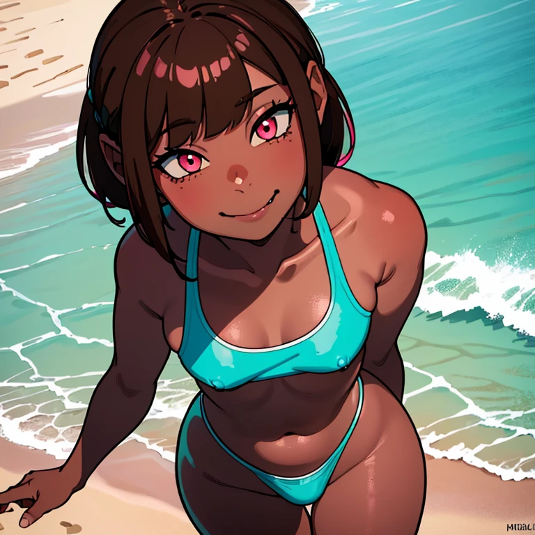 ((masterpiece)), high quality, best quality, beautiful, hd, perfect lighting, detailed face, detailed body, 1 girl, solo, full body view, wide angle, ((dark brown skin:1.3)), ((turquoise hair:1.2, pink eyes, small breasts)), cheeky smile, at the beach, wearing a swimsuit,