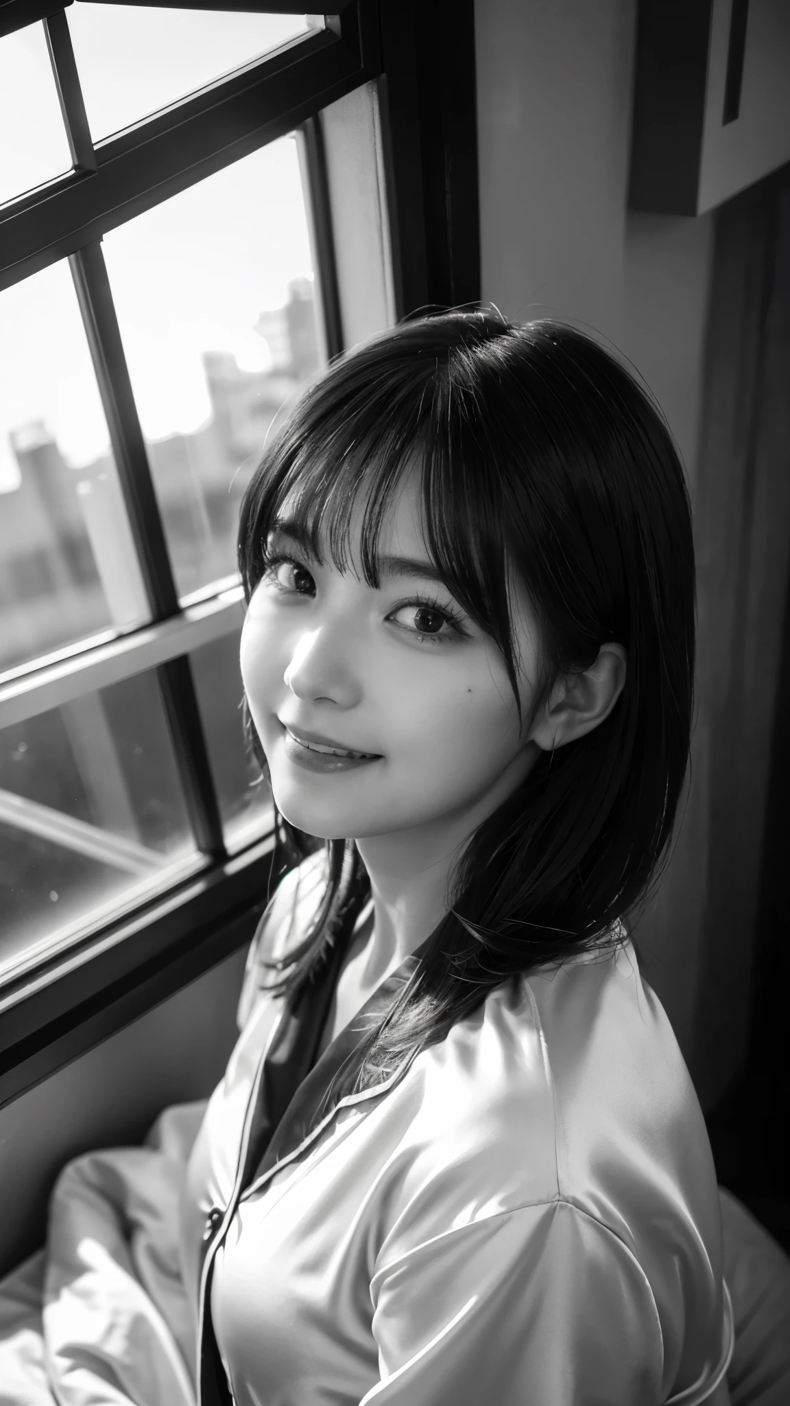 (highest quality,8K,masterpiece:1.3,),(ultra high resolution,photorealistic:1.4,RAW photo),(Super detailed,caustics),[lora:siitake-eye:0.4],[lora:flat2:0.4],(monochrome photography:1.2),bed,blanket,(sleep on your stomach),18-year-old,cute,Black Hair Middle Hair,Smiling and looking at the camera,Silk Pajamas,big ,Sunset through the window,(front shot),bust up shot,(face focus:1.1),(Face close-up:1.1),(low position:1.1),(Low - Angle:1.1)
