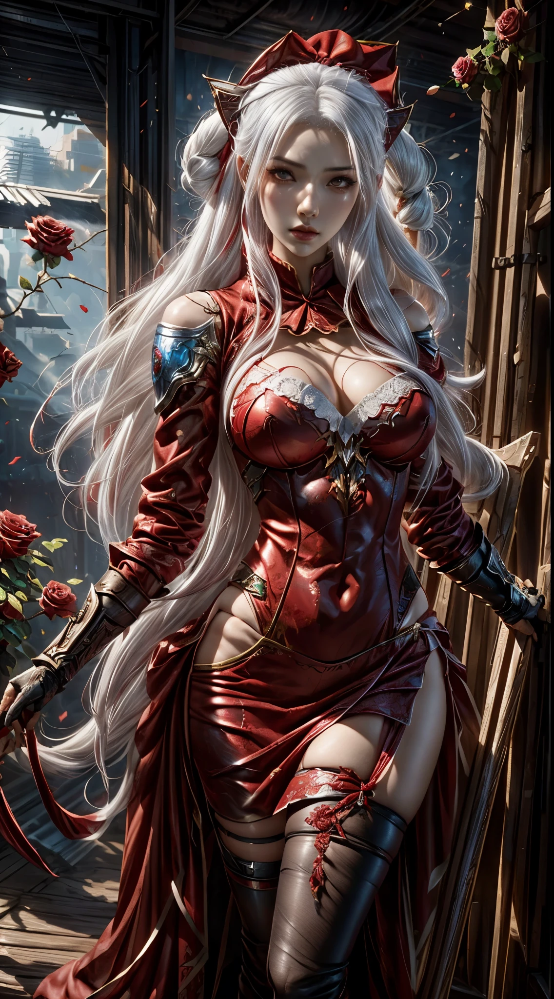 a close up of a woman in a red dress and white hair with a rose bandana, official splash art, katarina, splash art, extremely detailed artgerm, iconic character splash art, astri lohne, samira from league of legends, style artgerm, kda, ig model | artgerm, irelia, ashe, artgerm lau, wild rift
