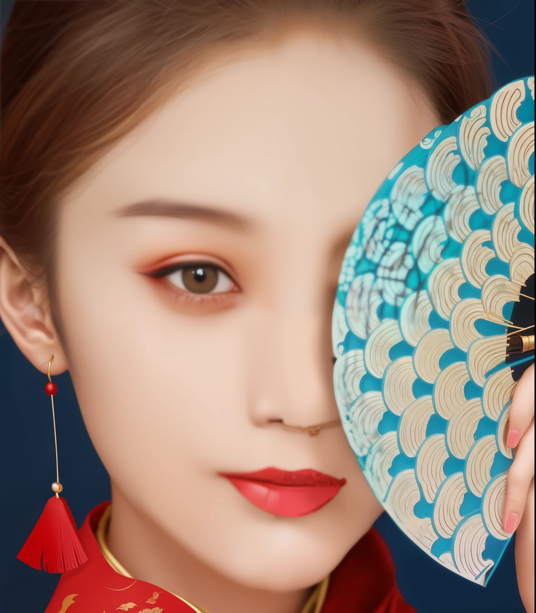 araffe woman in a red dress holding a fan and a fan, chinese style, traditional chinese, chinese girl, inspired by Lan Ying, inspired by Huang Ji, inspired by Wu Bin, chinese woman, inspired by Gong Xian, china blue eyes, yanjun chengt, inspired by Pu Hua, inspired by Fan Qi, inspired by Hua Yan