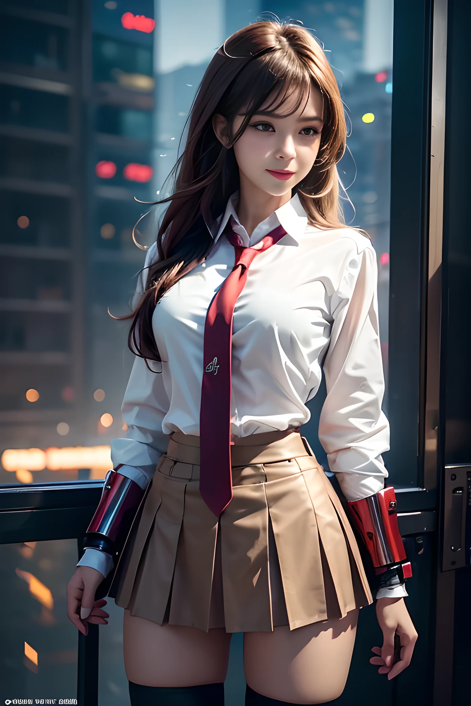 an anime in skirt and tie playing with herself by a window, 1 girl, alone, trembling, panties, underwear, chest, brown hair, skirt, green eyes, tie, white shirt, camel toe, red tie, 1 girl,alone,(bright red lips,eyeliner,blush:0.9),巨大なchest,(垂れたchest),Happy,smile,looking at the viewer,NSFW,stop temporarily,cowboy shot,dynamic stop temporarily, Mecha,full armor,Cyberpunk City Night,dark theme,rim lighting, masterpiece,official art,highest quality,ray tracing,volume light,realistic,photorealistic,ultra high resolution,wonderful,nostalgia,Bokeh,