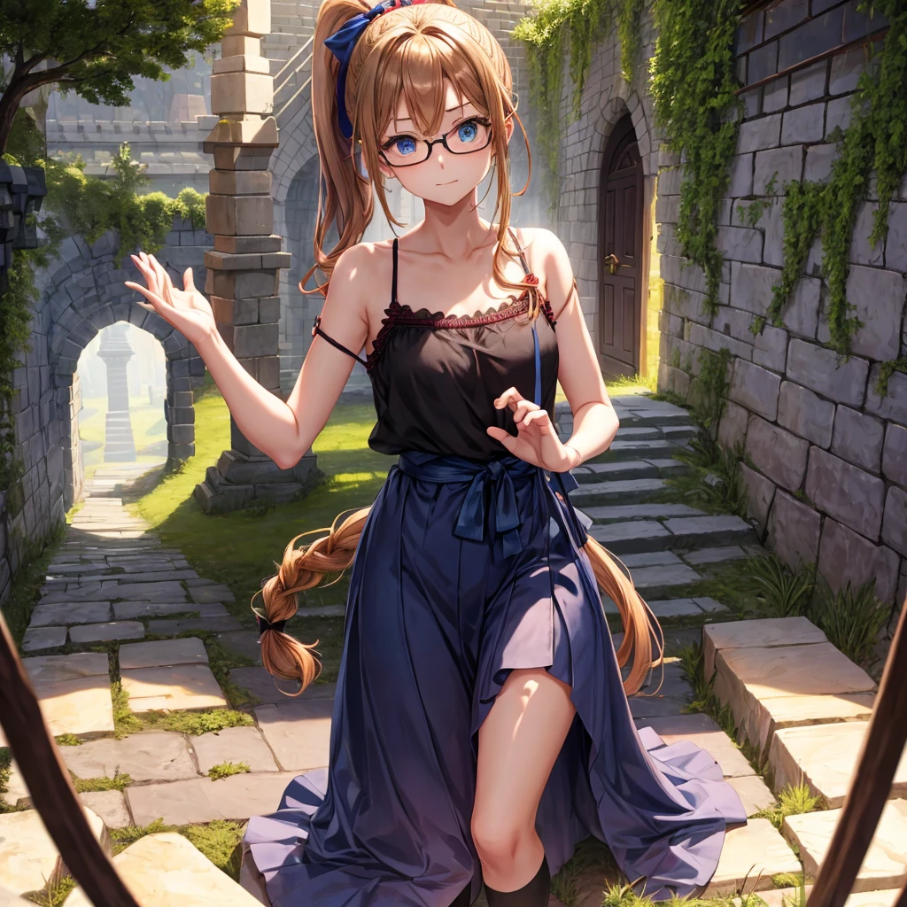 reddish-brown blonde、blue hair、blue eyes、ponytail、Braid、one good looking girl、solo、anime、lattice柄のミニスカート、camisole、black t-shirt、Tilting your face、Doing the ribbon、Ribbon at waist、sunset sky、stone stairs、tunnel、Fallen leaves、wearing glasses、Light and shadow、maze、monster castle、lanthanum、corridor、Black socks、mossy stone、One leg is raised、lattice、pinwheel、thunderbolt、floating castle