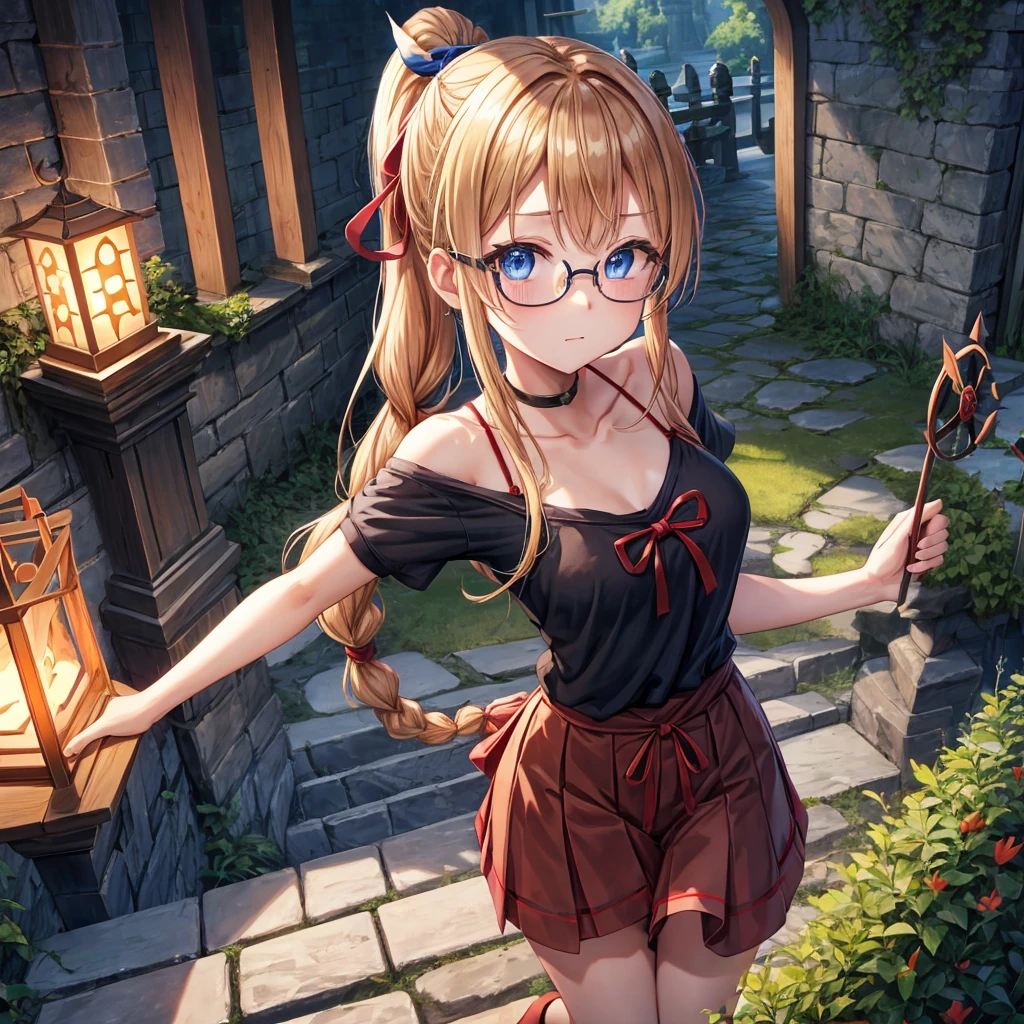 reddish-brown blonde、blue hair、blue eyes、ponytail、Braid、one good looking girl、solo、anime、lattice柄のミニスカート、camisole、black t-shirt、Tilting your face、Doing the ribbon、Ribbon at waist、sunset sky、stone stairs、tunnel、Fallen leaves、wearing glasses、Light and shadow、maze、monster castle、lanthanum、corridor、Black socks、mossy stone、One leg is raised、lattice、pinwheel、thunderbolt、floating castle