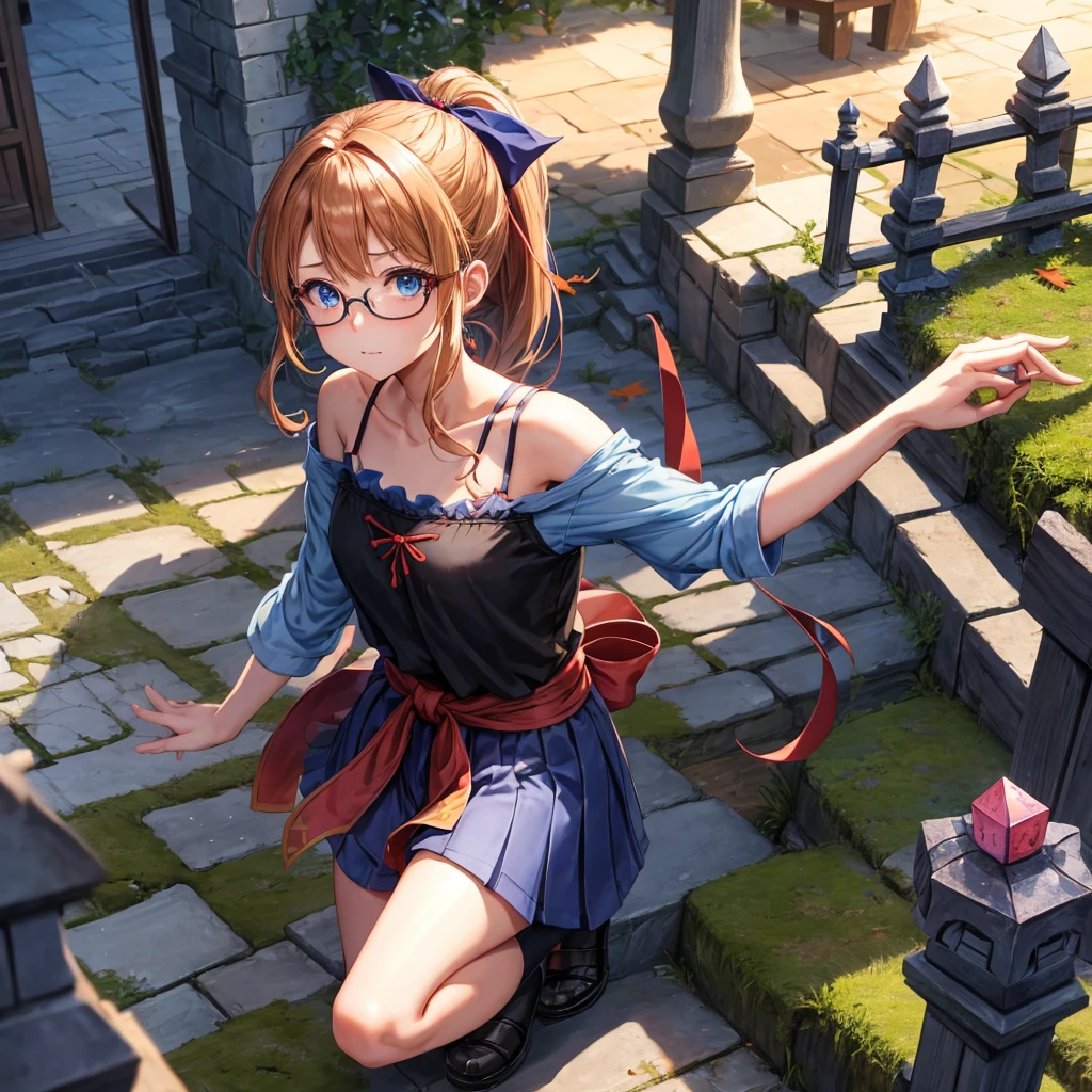 reddish-brown blonde、blue hair、blue eyes、ponytail、Braid、one good looking girl、solo、anime、lattice柄のミニスカート、camisole、black t-shirt、Tilting your face、Doing the ribbon、Ribbon at waist、sunset sky、stone stairs、tunnel、Fallen leaves、wearing glasses、Light and shadow、maze、monster castle、lanthanum、corridor、Black socks、mossy stone、One leg is raised、lattice、pinwheel、thunderbolt、floating castle