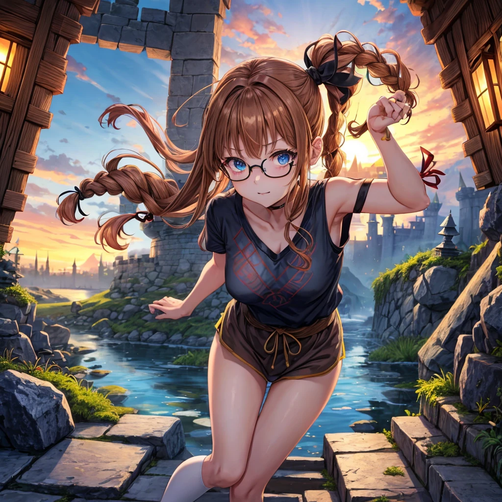reddish-brown blonde、blue hair、blue eyes、ponytail、Braid、one good looking girl、solo、anime、lattice柄のミニスカート、camisole、black t-shirt、Tilting your face、Doing the ribbon、Ribbon at waist、sunset sky、stone stairs、tunnel、Fallen leaves、wearing glasses、Light and shadow、maze、monster castle、lanthanum、corridor、Black socks、mossy stone、One leg is raised、lattice、pinwheel、thunderbolt、floating castle