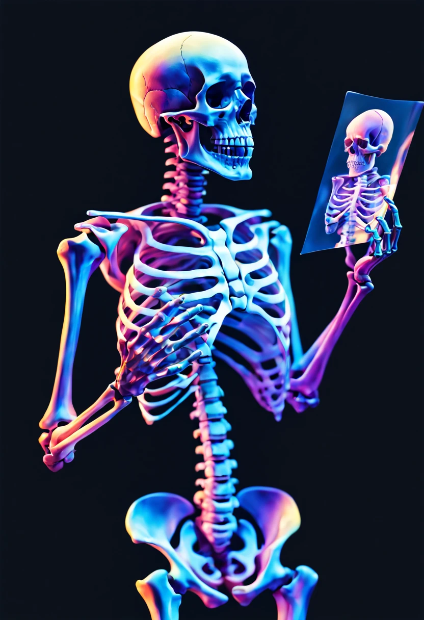 (Human skeleton holding x-ray film)。Optical illusion art illustration,bright colors,Detailed mirror reflection,Realistic lighting,highlight,portrait,Surreal,Ethereal,distortion,abstract,concept art