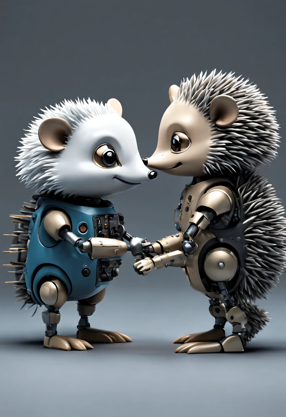 Two cute robot hedgehogs shaking hands with Hayao Miyazaki