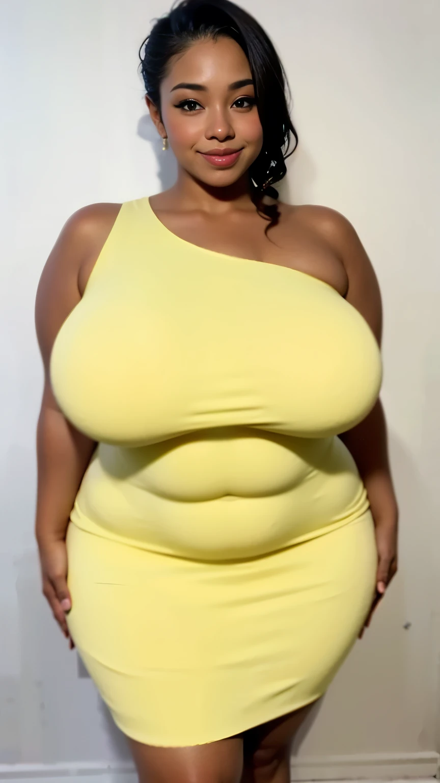 A woman wearing a yellow one-shoulder dress posing for a photo、erotic smile、(Smooth Dresses:2)、Smooth Dresses、thick, (Super Strong Super Huge gigantic breasts、Insanely bulging:1.5)、Thick serving、rubenesque, curved hourglass illustration, Curvaceous, Curvaceous, thick body, (skinny waist and thick hips,widehip、Insanely bulging ass:1.5)、tight dress, plus sizeの, thick build, thick, plus size, young woman, plus size woman, lady using yellow dress