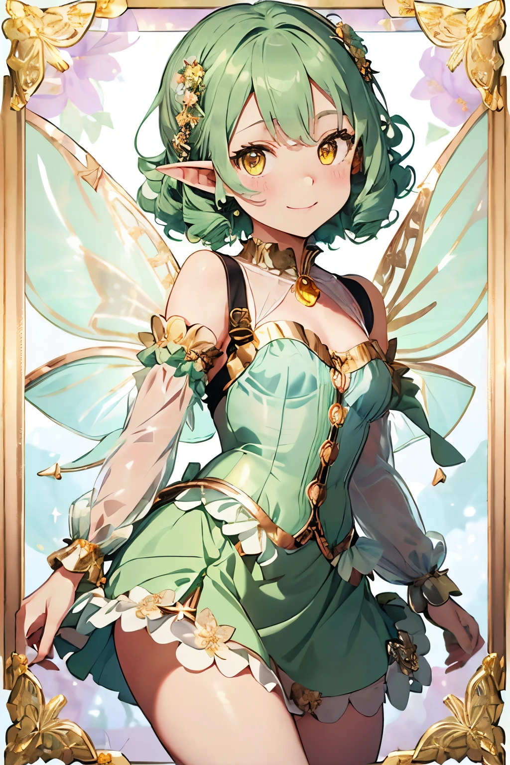 ((Best Quality)) ((Masterpiece)) 1girl, 19 year old, black hair, pixie bob haircut, flirty smirk ((( light green fairy dress ))) (((mini skirt))) ((( upskirt )))  ((slender)) (busty) ((sexy dress))  6 and a half heads full body