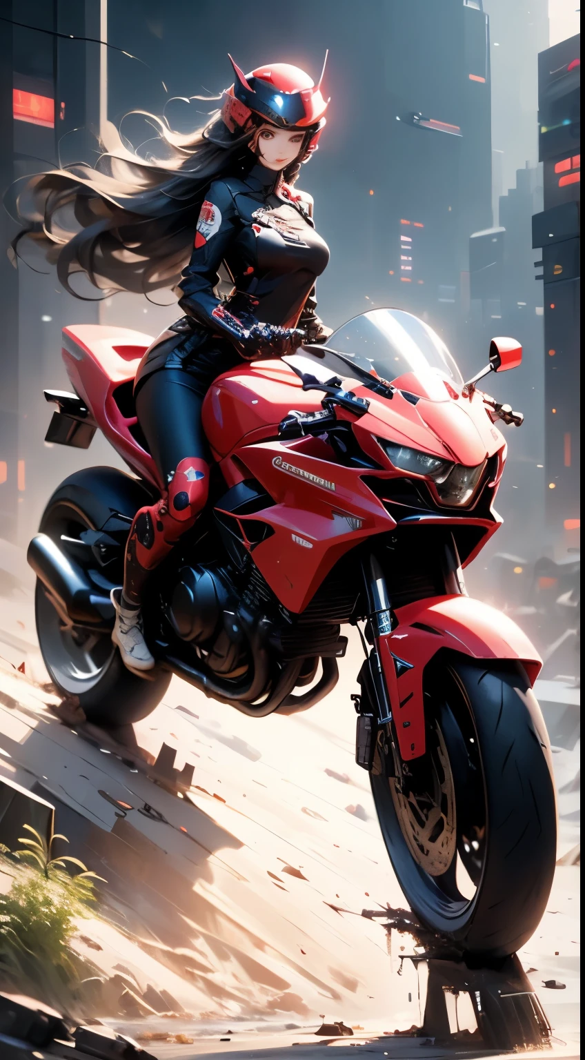 Highest image quality, outstanding detail, ultra-high resolution, (fidelity: 1.4), best illustration, favor details, highly condensed 1girl, with a delicate and beautiful face, dressed in black and red mecha, wearing a mecha helmet, holding a direction controller, riding on a motorcycle, the background is a high-tech lighting scene of the future city.