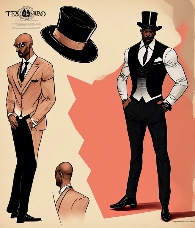 Create a drawing of a dark-skinned, bald man with both arms behind him, sem camisa. He will be wearing an elegant top hat, uma capa preta por fora e vermelha por dentro, Black pants and black shoes. The man will have a confident and determined expression on his face. Pay attention to hair details, highlighting baldness and skin texture. Use light, soft strokes to represent dark skin, criando sombreamentos sutis e realistas. The top hat will be detailed with precise lines, highlighting the shape and texture of the hat. The black cover will have a fluid and enveloping appearance, com detalhes das dobras e da textura do tecido. A parte interna da capa, na cor vermelha, will be vibrant and rich in tone. Black pants will be represented with defined and light lines that highlight your shape. The black shoes will also have sharp details, evidenciando os contornos e a textura do couro. The background will be simple, com tons neutros para enfatizar o personagem. The goal is to create an image that conveys elegance, mystery and trust, highlighting the uniqueness of the character and his striking appearance.