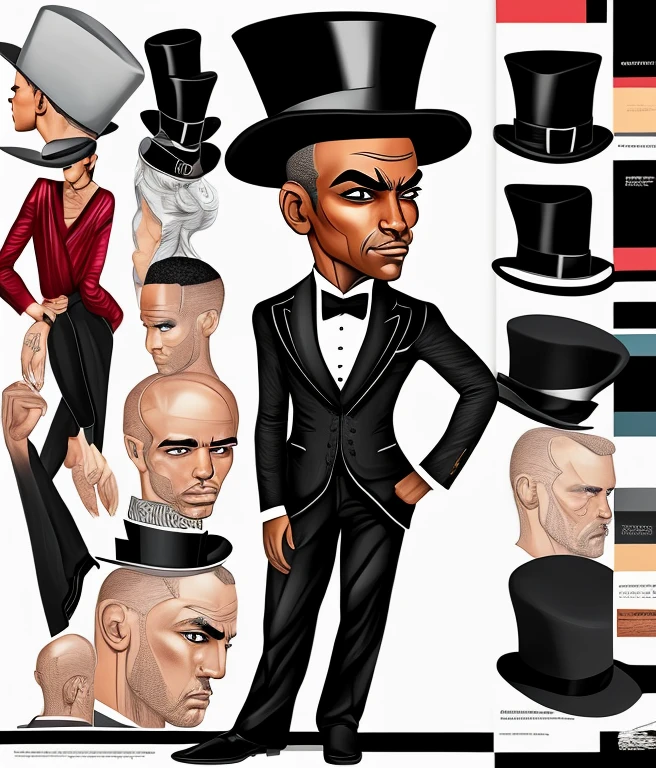 Create a drawing of a dark-skinned, bald man with both arms behind him, sem camisa. He will be wearing an elegant top hat, uma capa preta por fora e vermelha por dentro, Black pants and black shoes. The man will have a confident and determined expression on his face. Pay attention to hair details, highlighting baldness and skin texture. Use light, soft strokes to represent dark skin, criando sombreamentos sutis e realistas. The top hat will be detailed with precise lines, highlighting the shape and texture of the hat. The black cover will have a fluid and enveloping appearance, com detalhes das dobras e da textura do tecido. A parte interna da capa, na cor vermelha, will be vibrant and rich in tone. Black pants will be represented with defined and light lines that highlight your shape. The black shoes will also have sharp details, evidenciando os contornos e a textura do couro. The background will be simple, com tons neutros para enfatizar o personagem. The goal is to create an image that conveys elegance, mystery and trust, highlighting the uniqueness of the character and his striking appearance.