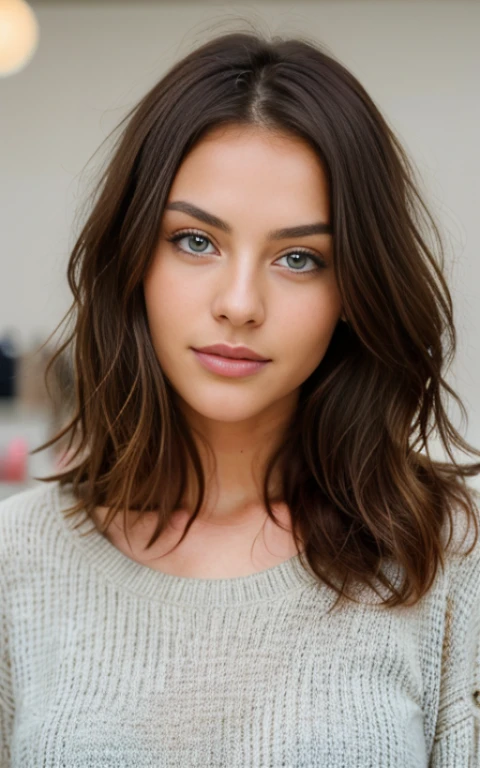beautiful brunette wearing light beige sweater (taking care of nails in a modern beauty salon), very detailed, 21 years old, innocent face, natural wavy hair, blue eyes, high resolution, masterpiece, best quality, intricate details, highly detailed, sharp focus, detailed skin, realistic skin texture, texture, detailed eyes, professional, 4k, charming smile, shot on Canon, 85mm, shallow depth of field, kodak vision color, perfect fit body, extremely detailed, foto_\(ultra\), photorealistic, realistic, post-processing, maximum detail, roughness, real life, ultra realistic, photorealism, photography, 8k uhd, photography