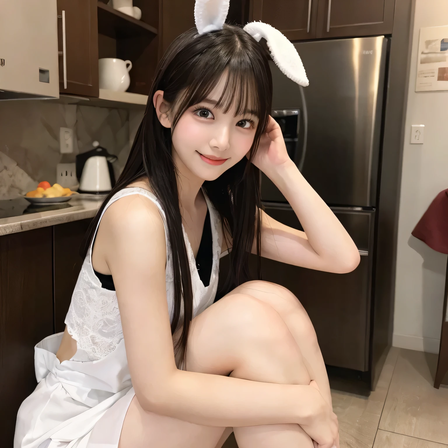 on the table, best quality, illustration, Super detailed, fine details, high resolution, 8k wallpaper, Perfect dynamic composition, Beautiful and delicate eyes,whole body摄影,show your whole body、thin and transparent、long gray hair, Bold sexy pose,Smile,Harajuku、20 year old girl、Eyeliner、beautiful bangs、hair between eyes、((masterpiece、top quality、Super detailed、movie light、intricate details、high resolution、Very detailed))、background for this、8 kood、digital SLR、soft light、high quality、film grain、富士XT3 、shallow view deep、natural soft light、Kamimei、See the knees, Kitchen for cooking、Above the legs、whole body、Bunny Costume、side view