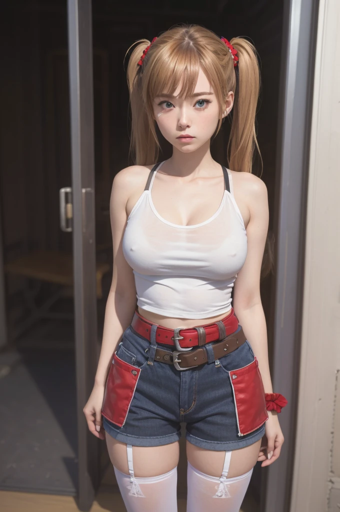 (8K、Raw photography、top-quality、masterpiece:1.2)、(realisitic、Photorealsitic:1.37)、ultra-detailliert、超A high resolution、(realismo: 1.4), solo 1girl blonde, angry, 25yo, akizuki airi, light blue eyes, natural blonde hair, long twintails, very_long_hair, she is wearing it in her hair_ornament red, hair_scrunchie red, medium_breasts, akizuki airi, BREACK,
She is wearing a white and red tank top, blue short jeans with a red belt, long black thigh high stockings, BREACK, She is standing behind a door, full body, she is angry at the viewer,