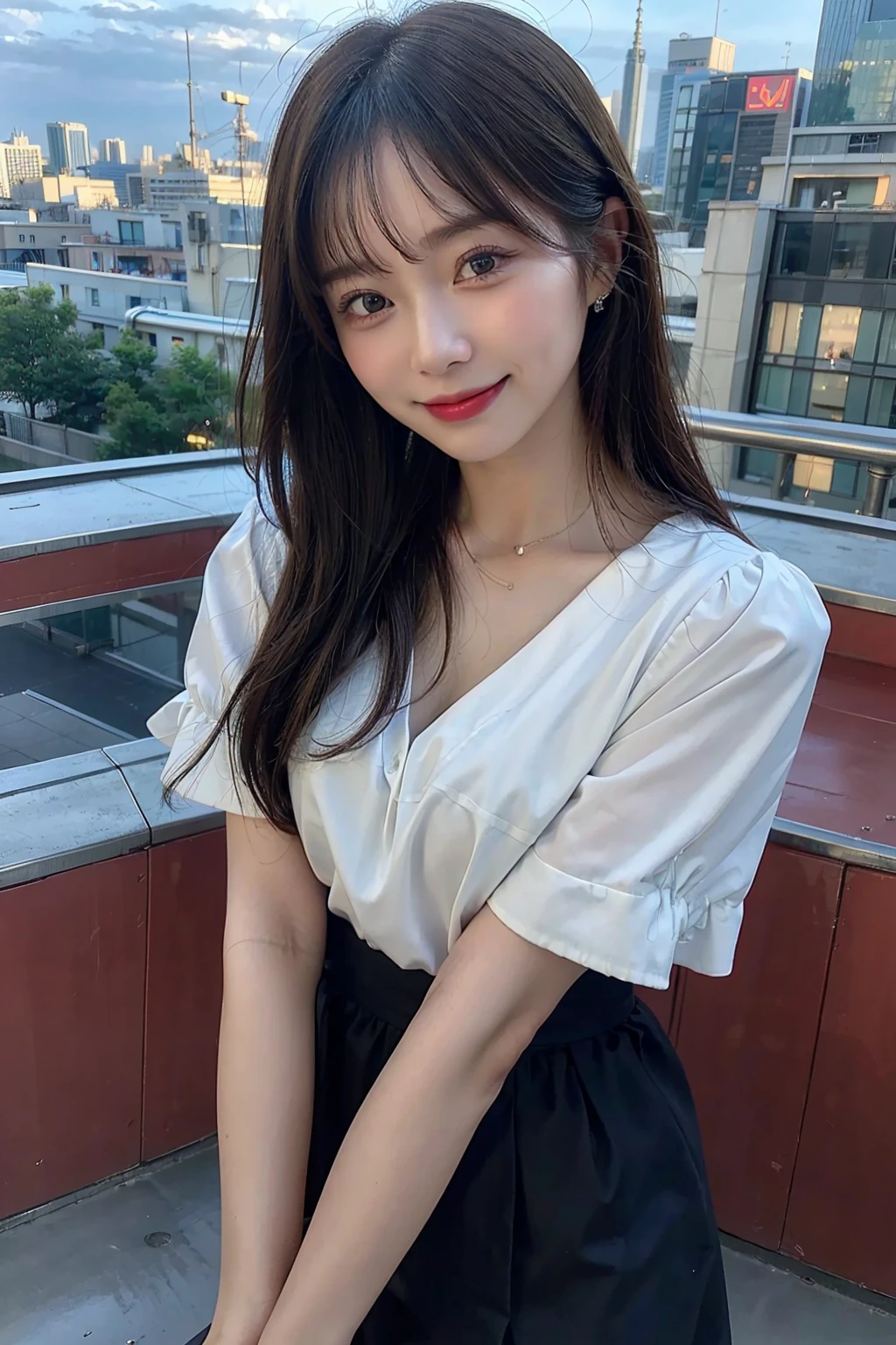 (best quality, masterpiece, RAW photo,ultra-detailed:1.2), 1girl ,looking at viewer, smile,rooftop, from above, city,