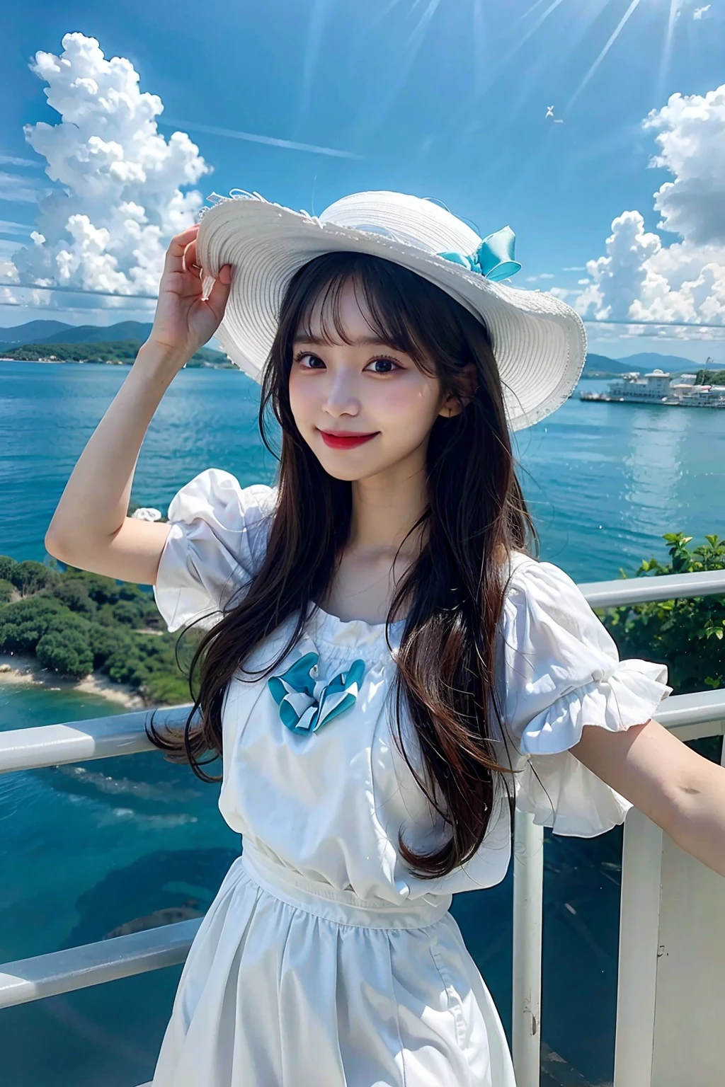 absurdres, 1girl, ocean, railing, white dress, sun hat, smile, (realistic:0.75), (waving:0.9),