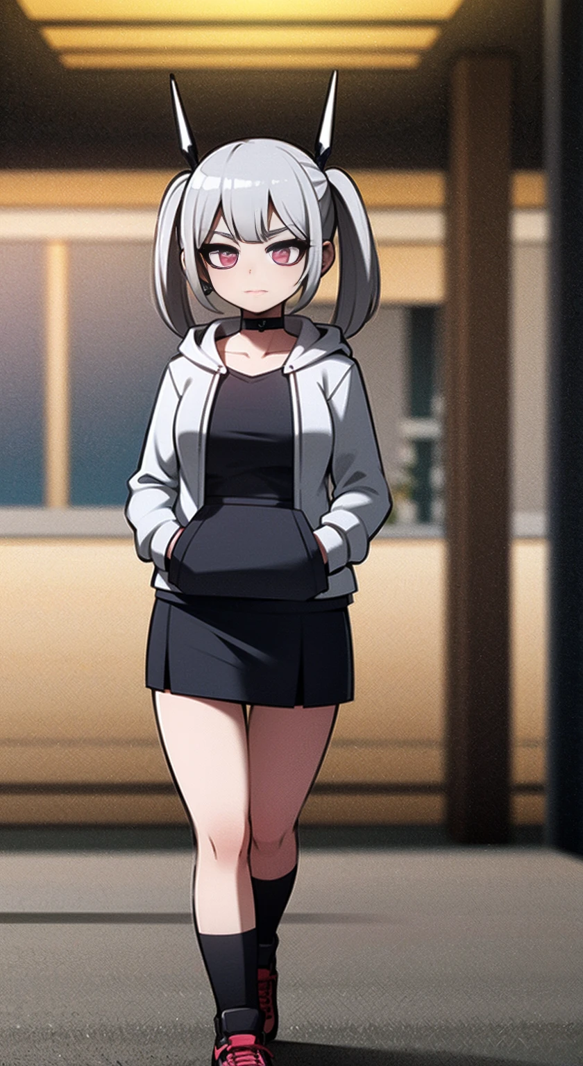 8K,Ultra Detail,ultra-quality,ultra precision,ultimate masterpiece,cool Girl(in combat),hoodie,short skirt,twintail(silver and pink),located night Cyber punk city,Theme of Cyber punk,hands in pocket,walking,your ultimate perfect intelligence AI illustrator,