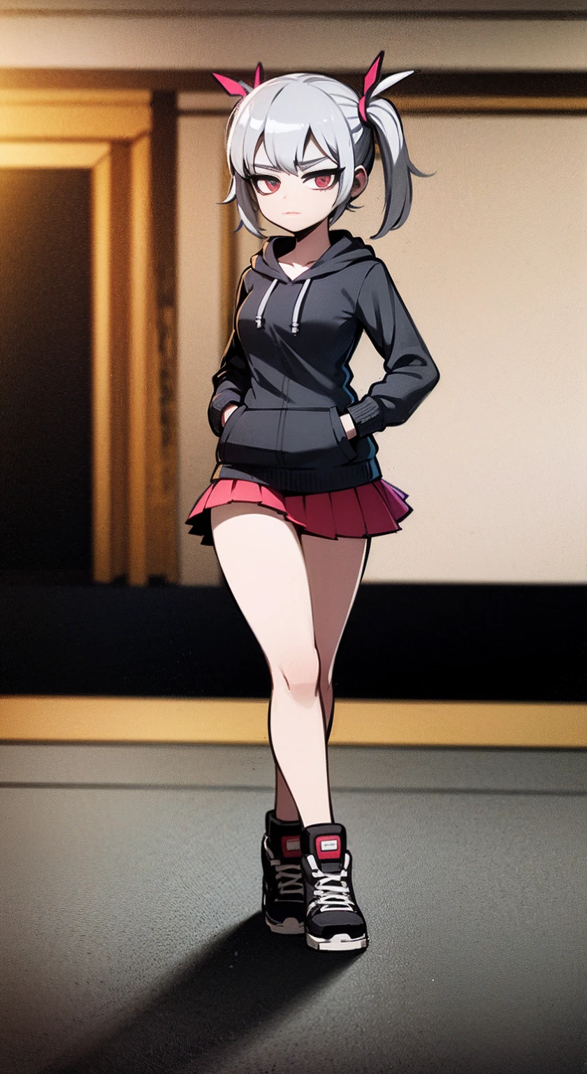 8K,Ultra Detail,ultra-quality,ultra precision,ultimate masterpiece,cool Girl(in combat),hoodie,short skirt,twintail(silver and pink),located night Cyber punk city,Theme of Cyber punk,hands in pocket,walking,your ultimate perfect intelligence AI illustrator,