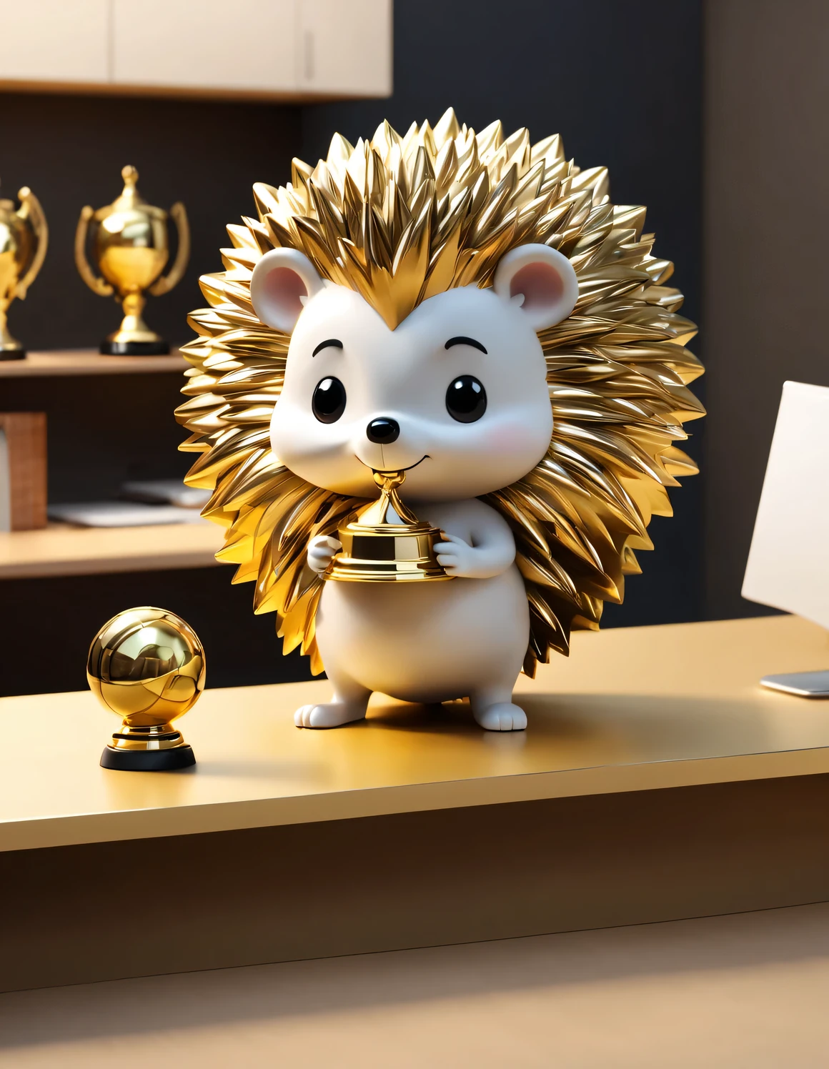 (Kawaii cartoon universe hedgehog bowing in front of desk), (1K gold trophy on the desk: 1.2), tilt and move, cartoon, illustration, 3d rendering,