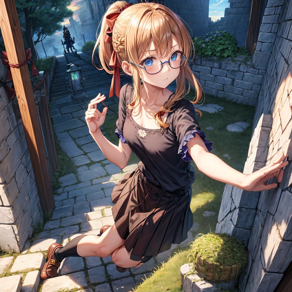 reddish-brown blonde、blue hair、blue eyes、ponytail、Braid、one good looking girl、solo、anime、lattice柄のミニスカート、camisole、black t-shirt、Tilting your face、Doing the ribbon、Ribbon at waist、sunset sky、stone stairs、tunnel、Fallen leaves、wearing glasses、Light and shadow、maze、monster castle、lanthanum、corridor、Black socks、mossy stone、One leg is raised、lattice、pinwheel、thunderbolt、castle floating in the air