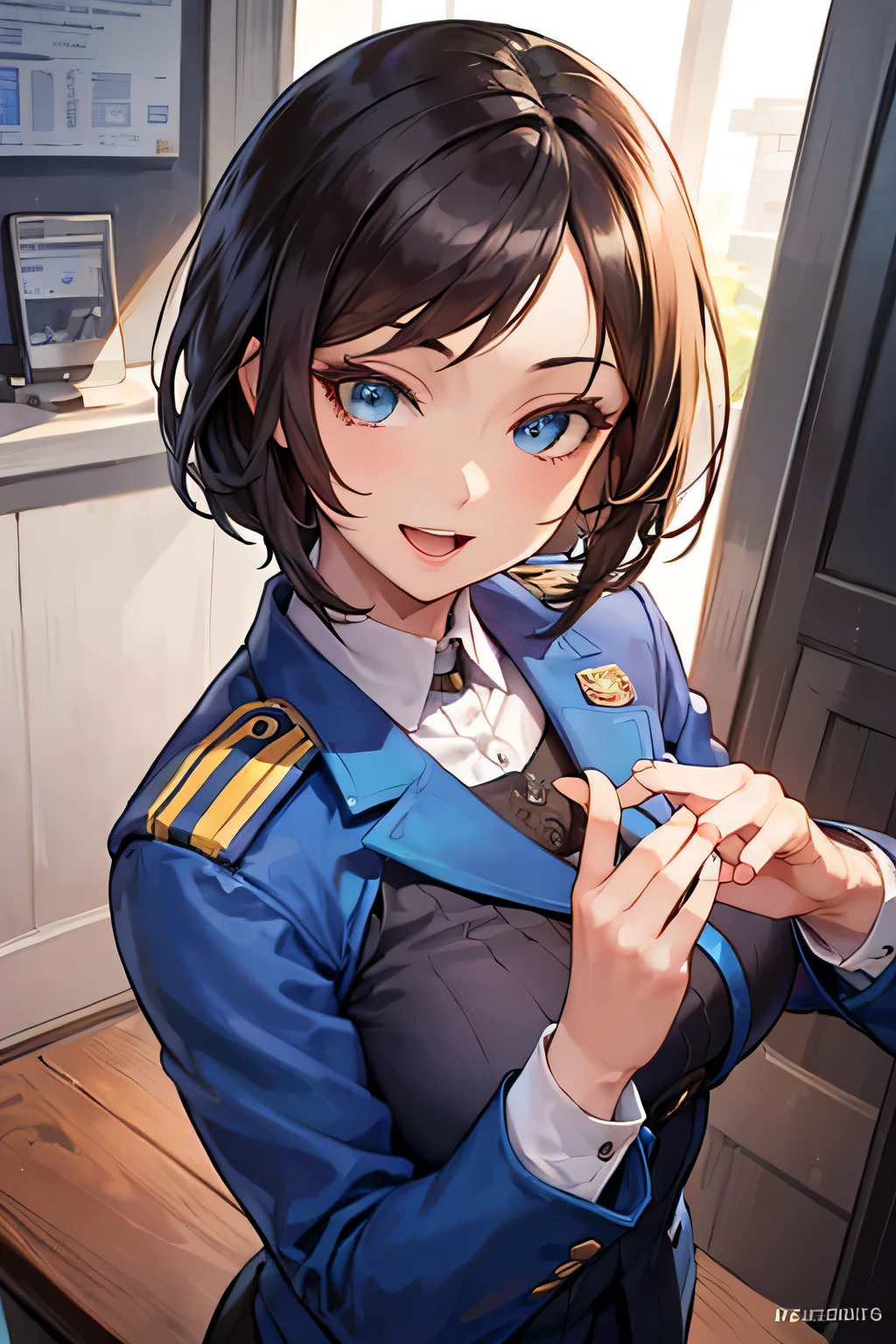 table top, highest quality, Super detailed, shine, shine光, ray tracing, hard diskR, written boundary depth, (perfect face, detailed face, fine eyes,perfect hands,perfect fingers), 8K,hard disk,super realistic face,ray tracing,perfect lighting,highest quality, Super detailed, shine目, (looking at the viewer,smile with open mouth:1.1), ((1 girl)), (mature woman:1.4), chic,
1 girl,alone, Upper body, (police uniform), smile