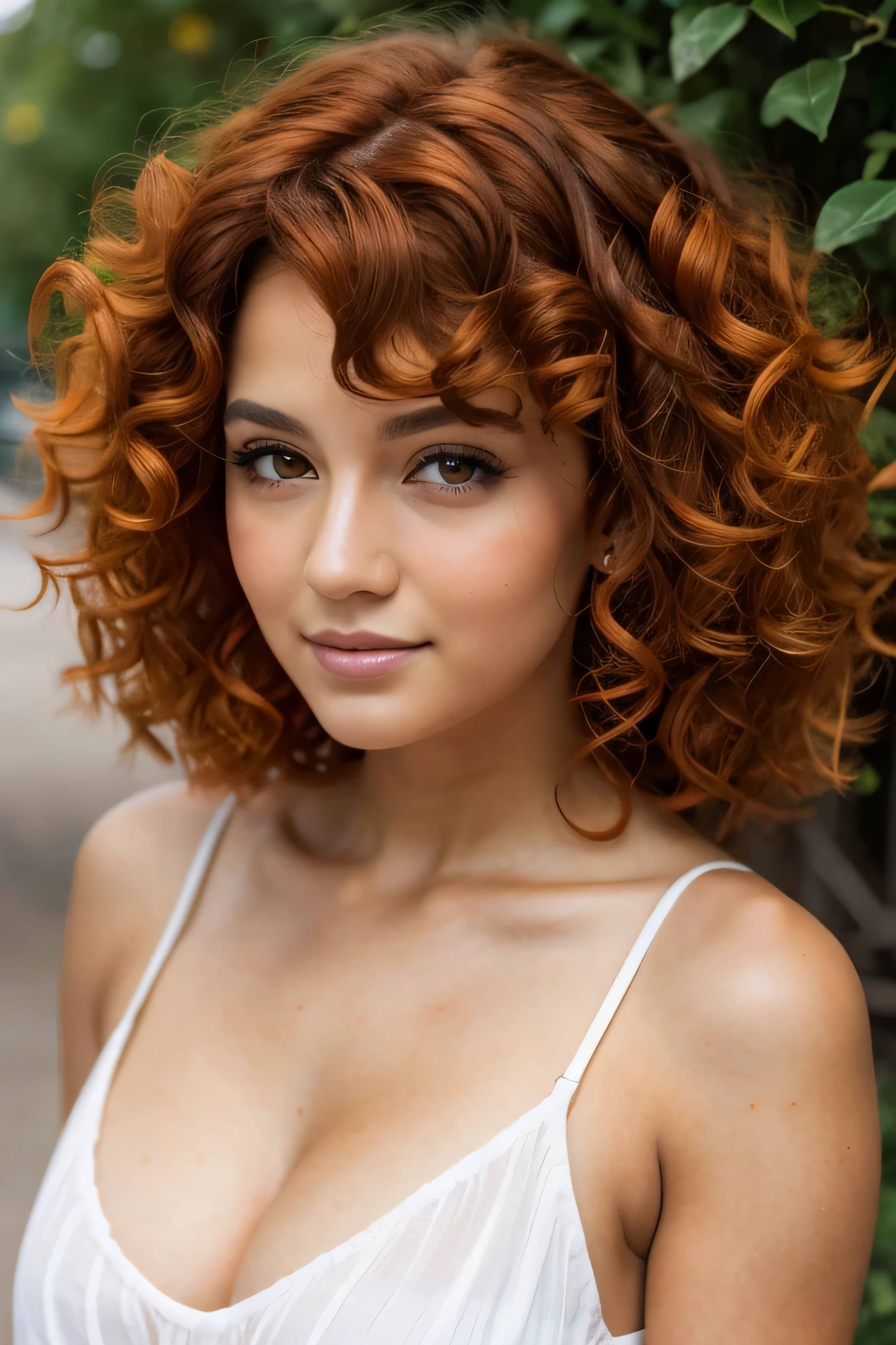 curly girl with brown eyes ,orange hairs,