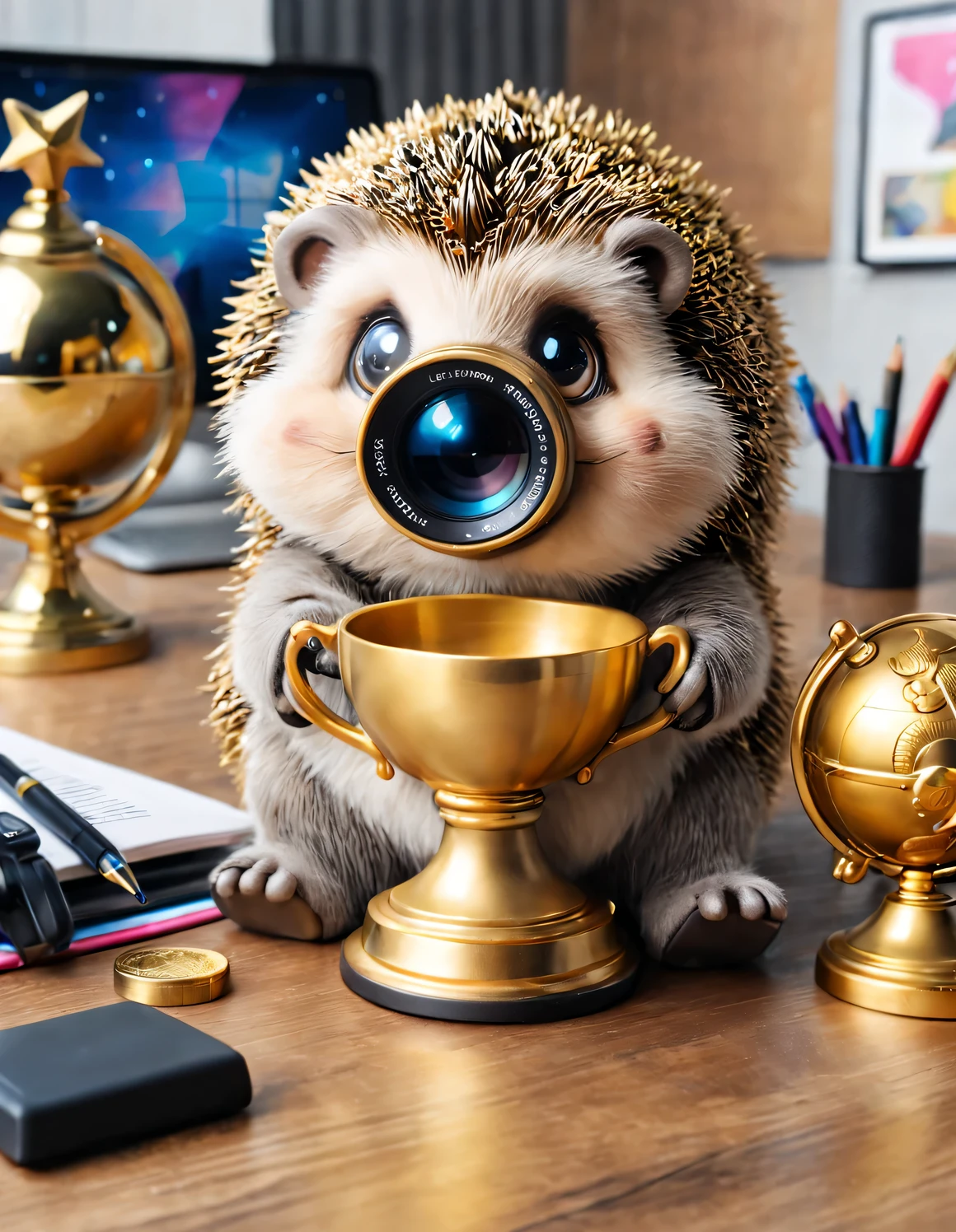 (Kawaii cartoon cosmic hedgehog bowing in front of the table), (1K gold trophy on the desk: 1.2), Canon DSLR camera photos, tilt and move,