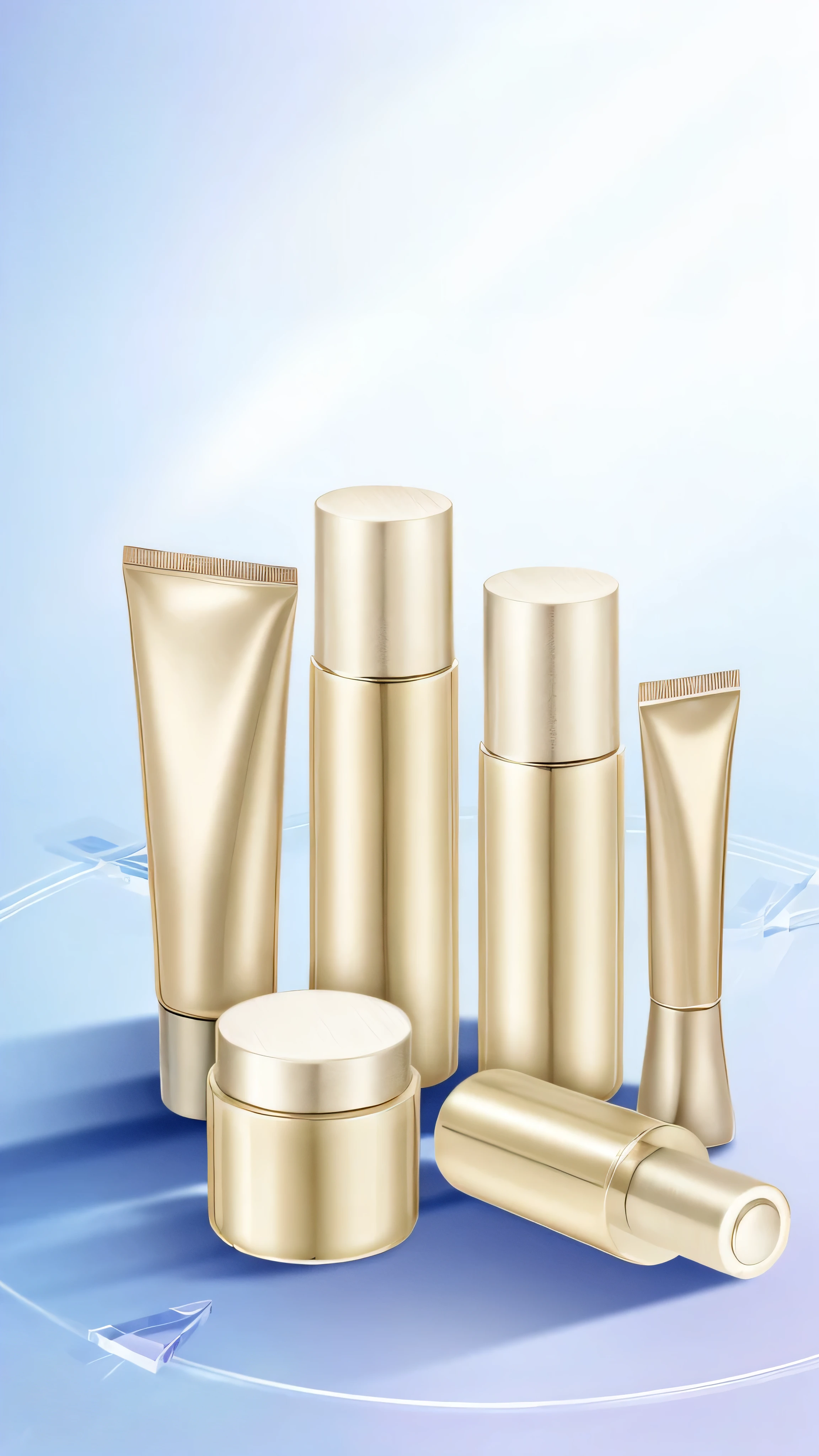 there are a lot of cosmetic products that are on the table, high quality topical render, skincare, cosmetics, immaculate complexion, skin care, oz series, high quality product, sleek design, high quality details, artdeco, exclusive, smooth gold skin, crisp smooth clean lines, showcase, aluminium, collection product, alternative, exquisite detail, pearlescent skin