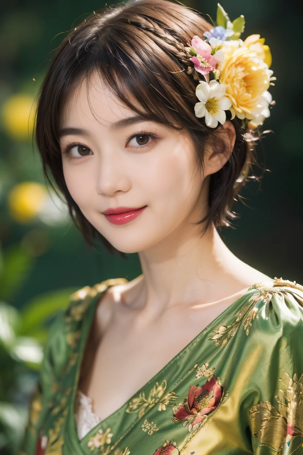 148
(20 year old woman,Floral costume), (surreal), (High resolution), ((beautiful hairstyle 46)), ((short hair:1.46)), (gentle smile), (breasted:1.1), (lipstick)
