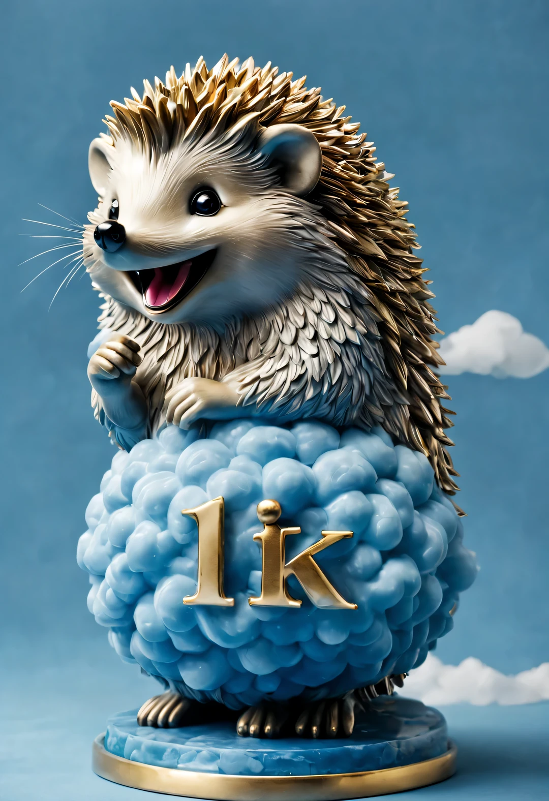 Naughty hedgehog statue smiling happily, Made of blue clouds, ruby trophy, and a glimmer of hope, with this letter "1K" inside the clouds, golden background,Simple dream style,