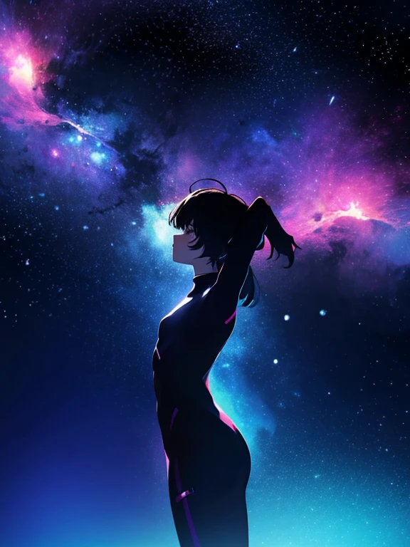 Girl, cloud, colorful, masterpiece, galaxy background、(girl silhouette)、cyber-body suit,from below,、stretch both arms upward