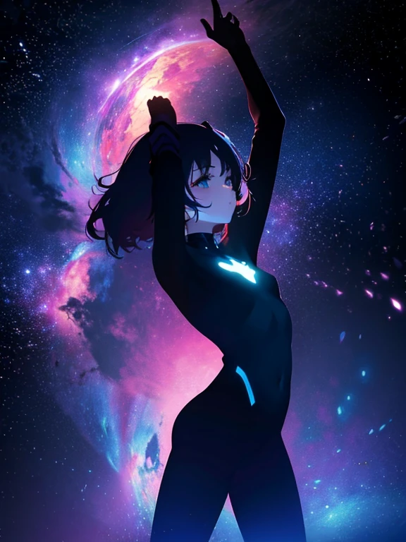 Girl, cloud, colorful, masterpiece, galaxy background、(girl silhouette)、cyber-body suit,from below,、stretch both arms upward