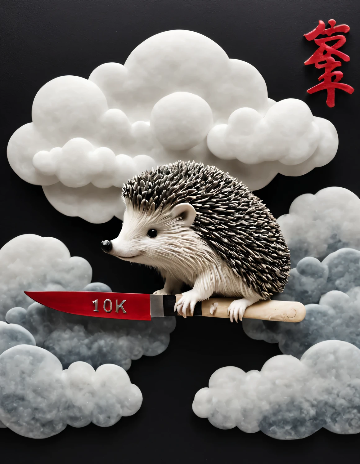 A naughty hedgehog, made of clouds, ruby, and a glimmer of hope (with this letter "1.0k" In the clouds), Engraved with huge Chinese kitchen knife texture,
Fantasy style with black background and minimalism,