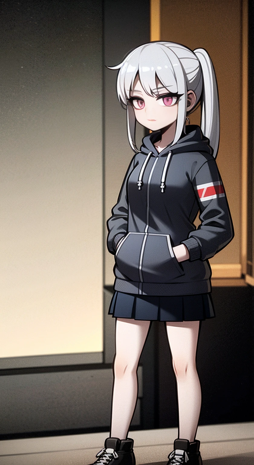 8K,Ultra Detail,ultra-quality,ultra precision,ultimate masterpiece,cool Girl(in combat),hoodie,short skirt,twintail(silver and pink),located night Cyber punk city,Theme of Cyber punk,hands in pocket,put on hood,walking,your ultimate perfect intelligence AI illustrator,