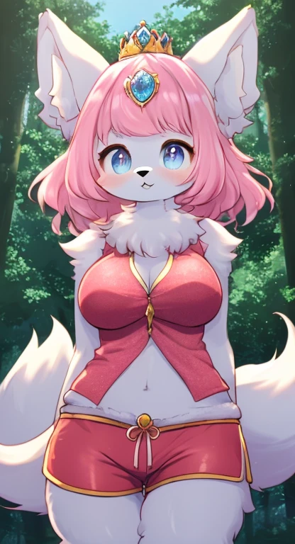 cute,,fur body, whole body, fox,Blue and pink hair,蓝色fox尾巴,white skin,shy,red shorts,Princess Crown,navel-baring outfit, Features, masterpiece, furry tail, current, shy的表情,(background:pink crystal palace),best quality, 4K, Full HD, mind,Big blue fox ears,Female body with big breasts,Royal ornaments,sapphire vest