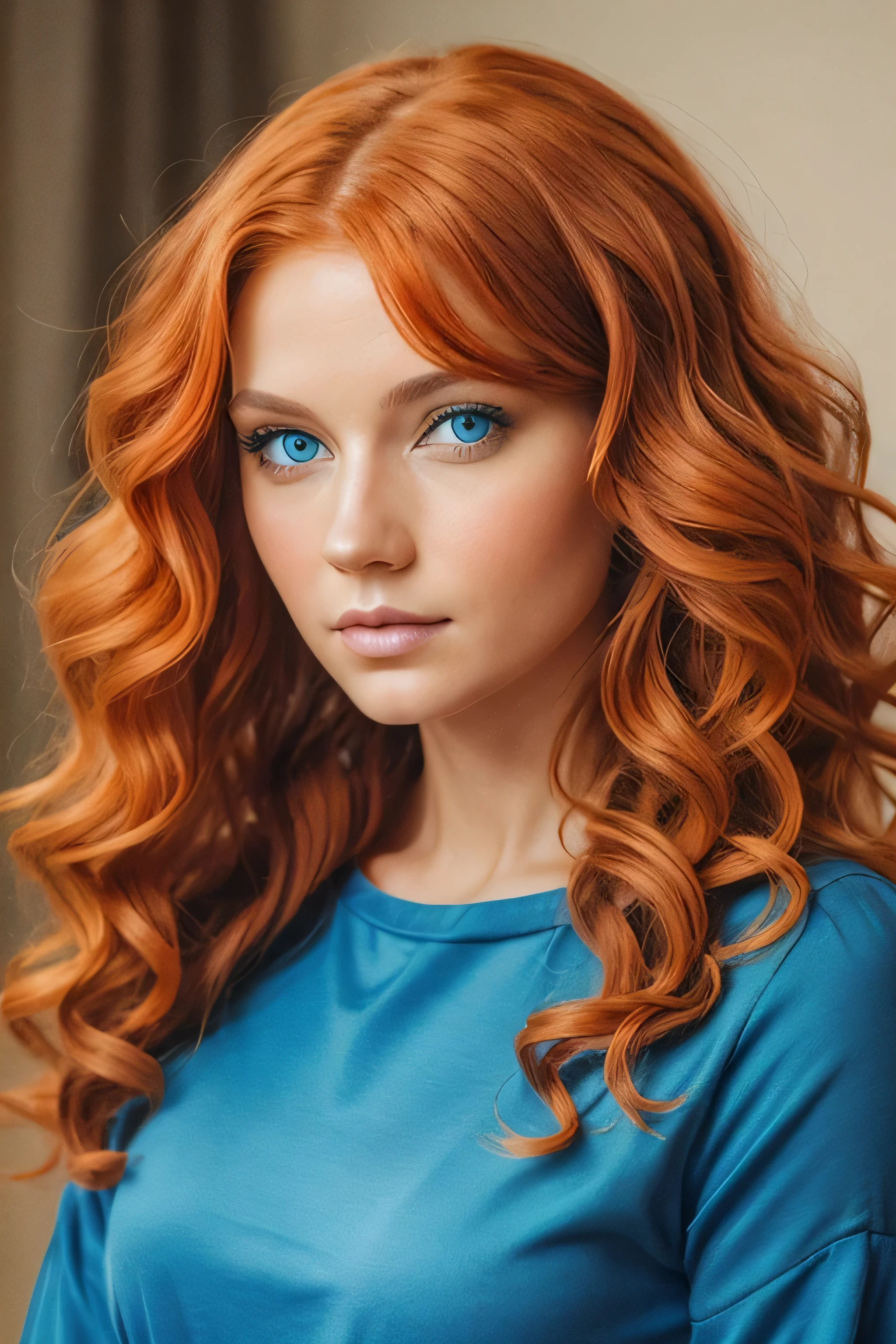a color pencil drawing of a curly woman with blue eyes, orange hairs