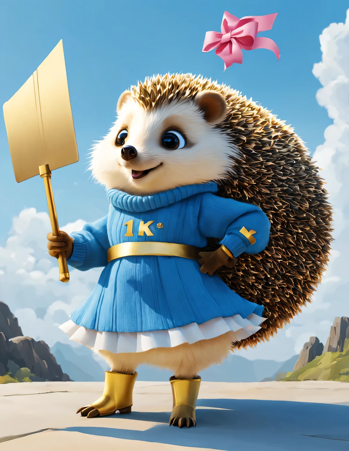 Sketchnote style creative poster design, Minimalist white negative space on yellow background, Robot hedgehog holds a giant Chinese kitchen knife, Hedgehog wearing blue sweater dress，There is a pink bow on it, Looking up at the sky with exaggerated laughter, (with gold letters "1.0k": 1.34 in Baiyun), (with gold letters "1.0k": 1.34 in Baiyun)
3D, vector, clip art, Greg Staples style, About art,