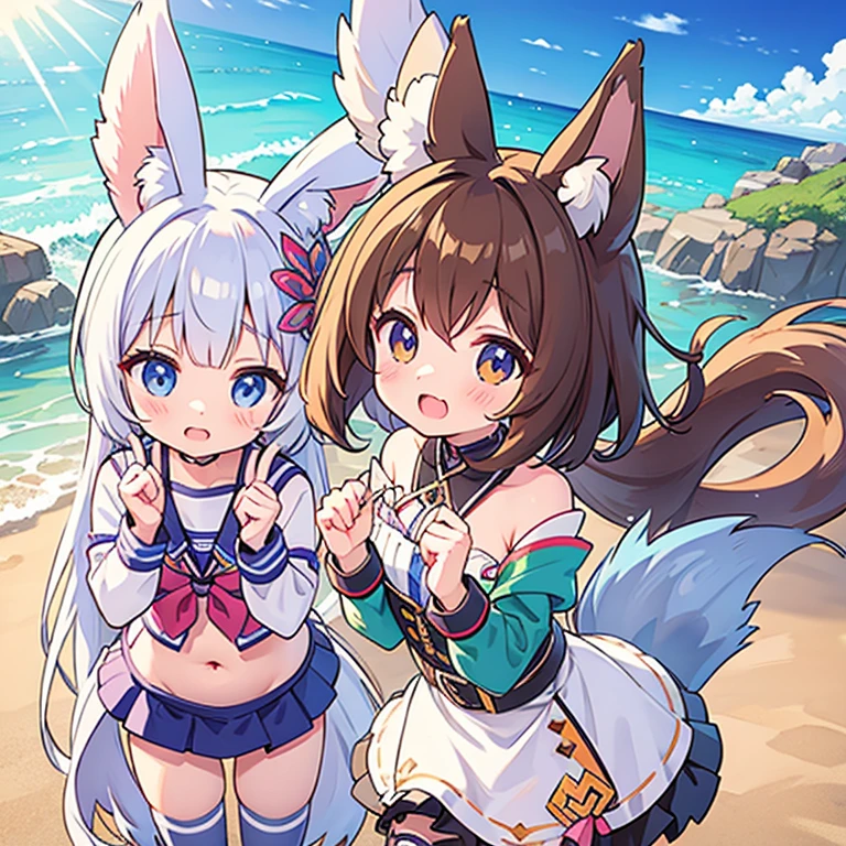 Two slightly young looking girls、Both of them are naked、Without any underwear on、They are playing together happily.。 The girl on the right is、It has raccoon ears on its head、Her hair is blue-gray with a raccoon pattern.、The hairstyle is short、The look on the face「Kemono Friends３」Similar to the raccoon dog、The color of the eyes is auburn、Wearing a collar with a blue ribbon、Has a raccoon tail on his butt。 The one on the left、He has fox ears on his head、Her hair is orange-yellow and her bangs are slightly flipped outwards.、The hairstyle is long hair、The look on the face「Kemono Friends３」Similar to the Ezo red fox、The eye color is hazel、She wears a pink ribbon collar、Has a fox tail on his butt。 The background is a tropical beach with palm trees.、A composition that includes both people&#39;s entire bodies in the image、Both of them are posing cutely、Frolicking on the beach、Lesbian sex。 Painted with pen and watercolor。