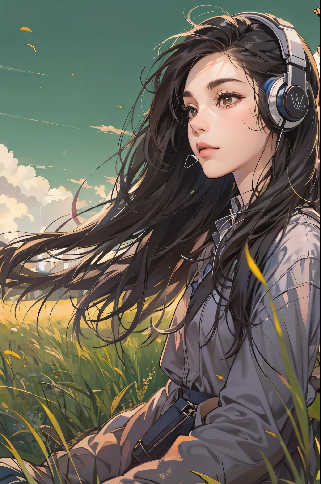 (absurdres, highres, ultra detailed, realistic, ), 1 18year-old,girl, solo, elegance, long black hair, brown eyes, earphone,spring sky grass background, ultra - detailed, best quality, Detailed diagram, vectorized, 8K, Graphic design, vector lines, Full-HD