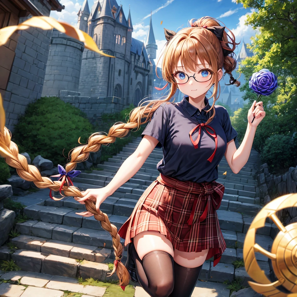 reddish-brown blonde、blue hair、blue eyes、ponytail、Braid、one good looking girl、solo、anime、Plaid miniskirt、camisole、black t-shirt、Tilting your face、Doing the ribbon、Ribbon at waist、sunset sky、stone stairs、tunnel、Fallen leaves、wearing glasses、Light and shadow、maze、monster castle、lanthanum、corridor、Black socks、mossy stone、One leg is raised、pinwheel、castle floating in the air